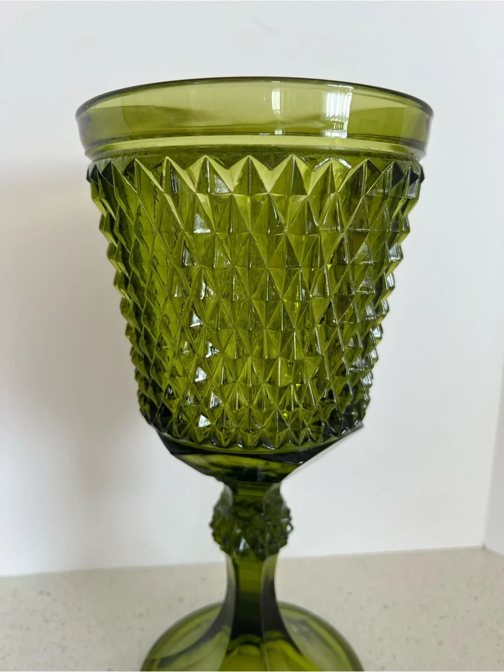Indiana Glass Diamond Point Green Compote Pedestal Vase /Planter 11” Mid Century